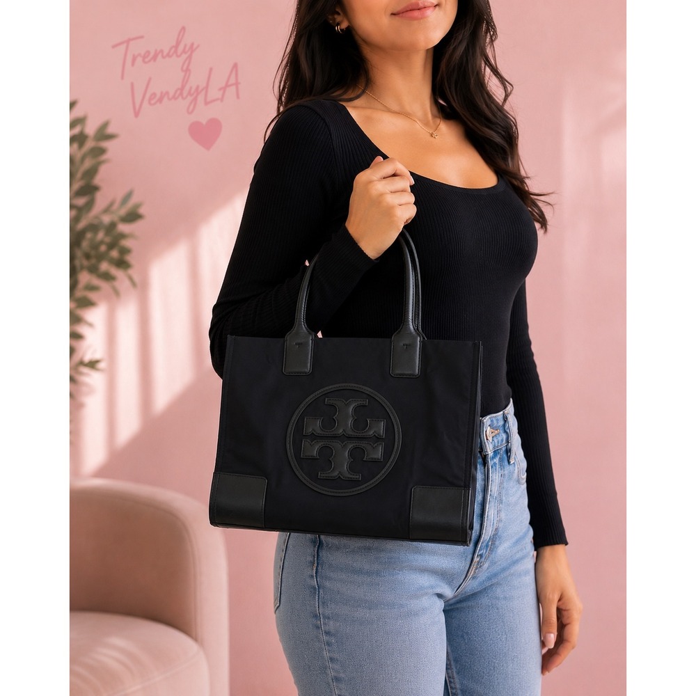 Tory Burch Ella Tote Women's Black Good‎ Nylon Stacked Logo Bag